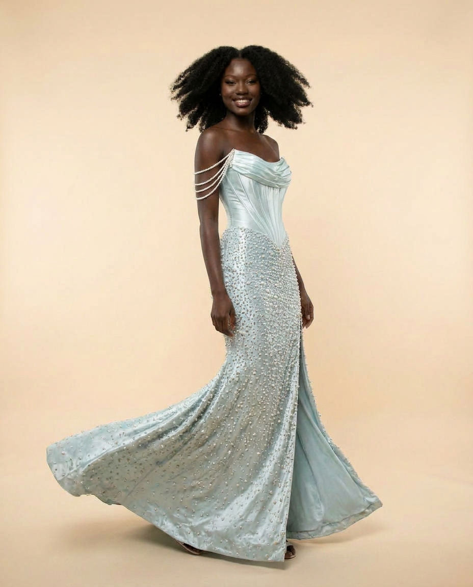 Robe Corset Perlée Aqua