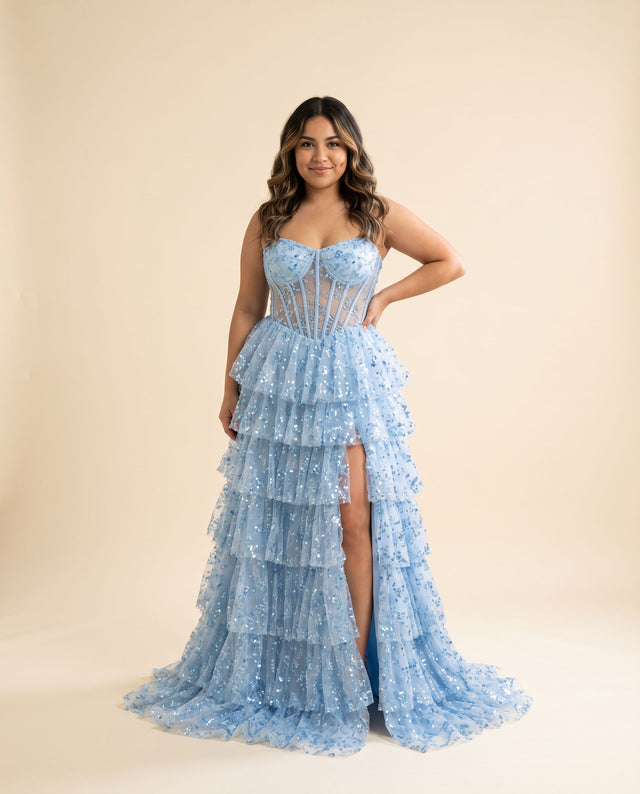 Robe Corset Étagée Bleu Pâle