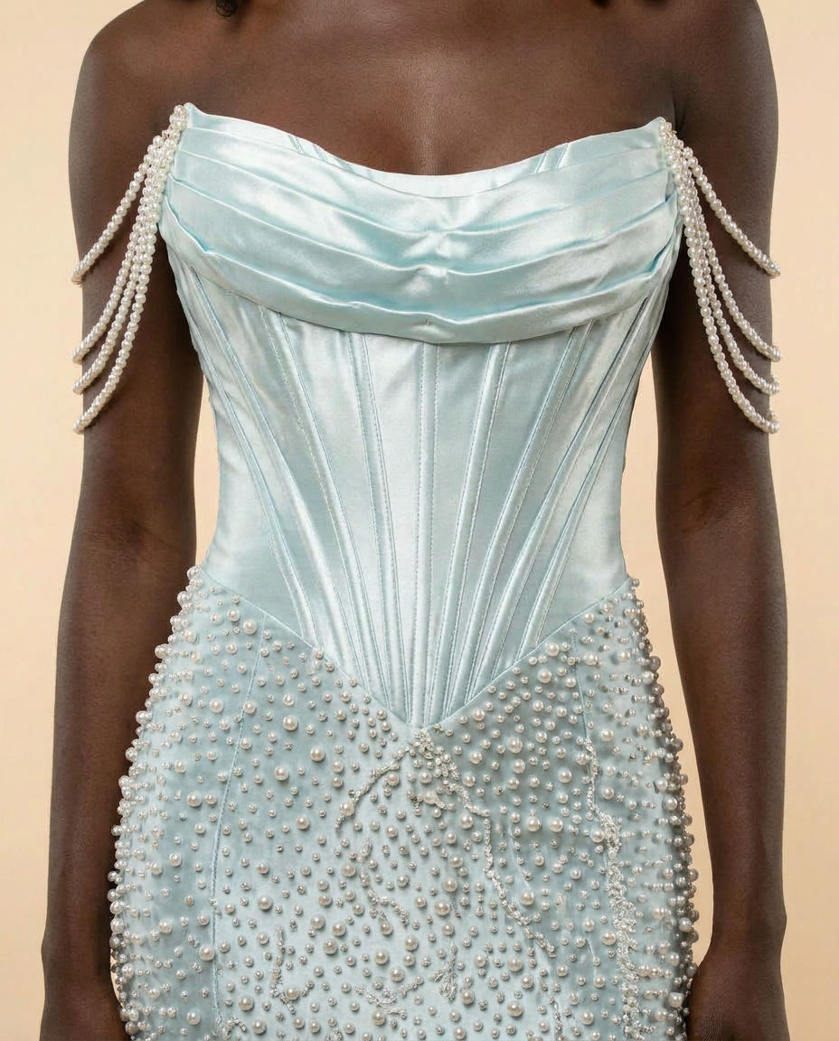 Robe Corset Perlée Aqua