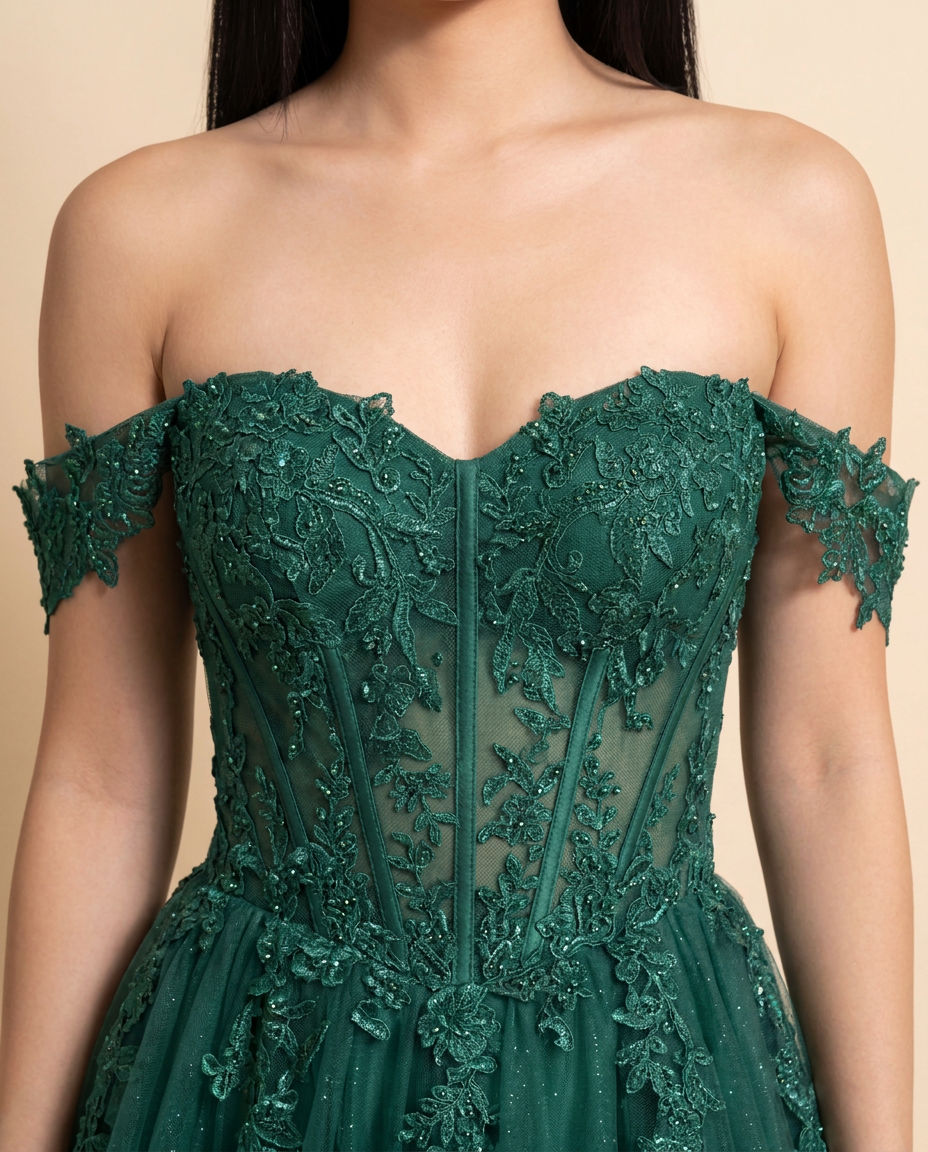 Robe Princesse en Dentelle Émeraude