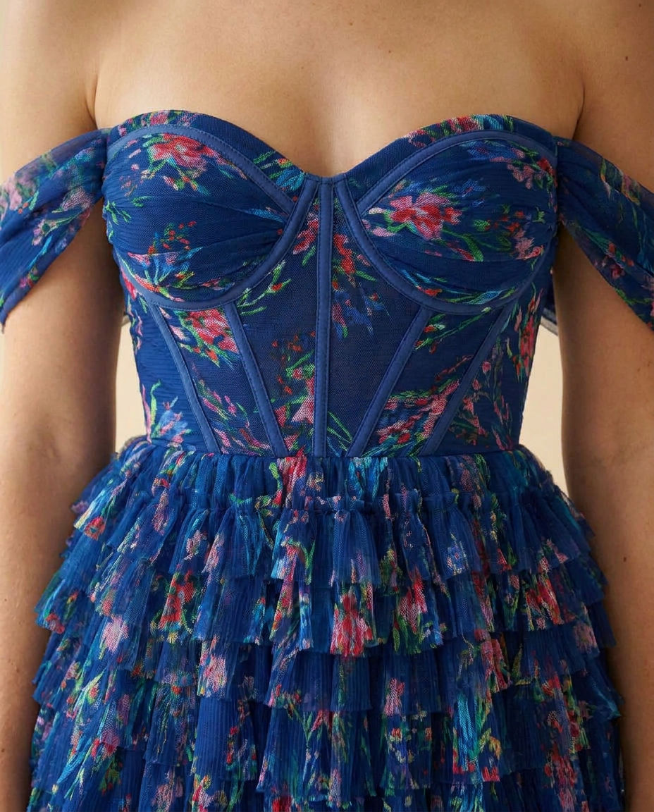 Robe Corset En Tulle Fleurie Marine