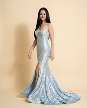 Robe Sirène Perlée Bleu Glacier