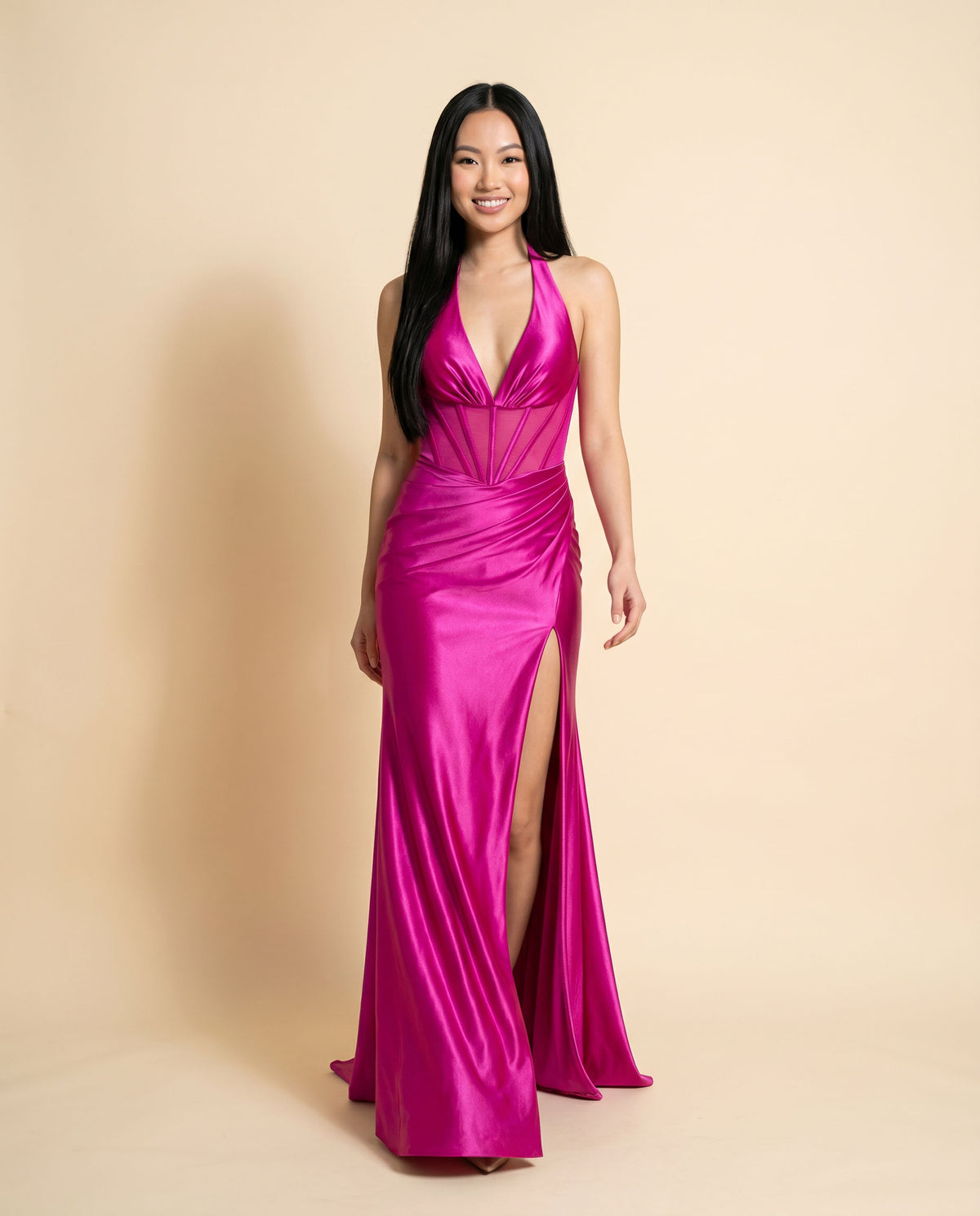 Robe Décolleté Effet Corset Magenta