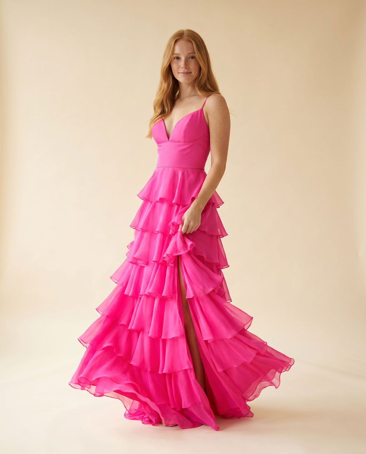 Robe De Chiffon À Volants Fushia