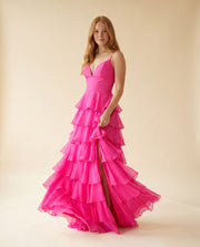 Robe De Chiffon À Volants Fushia