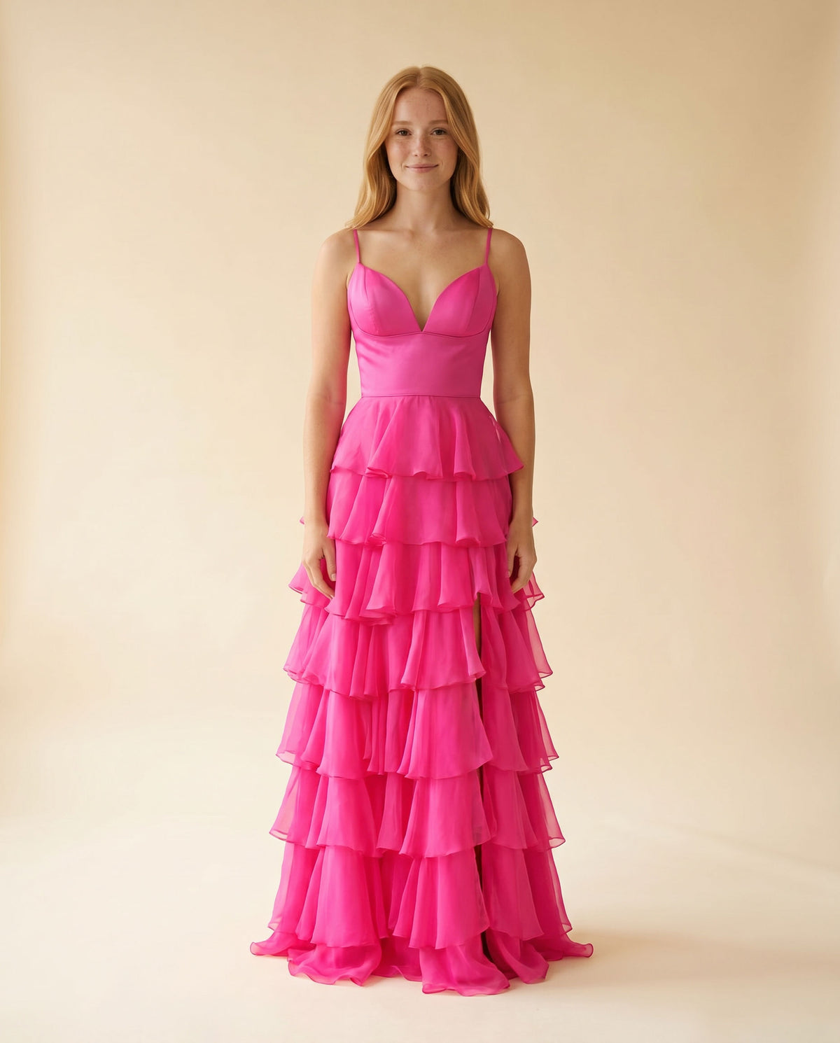 Robe De Chiffon À Volants Fushia
