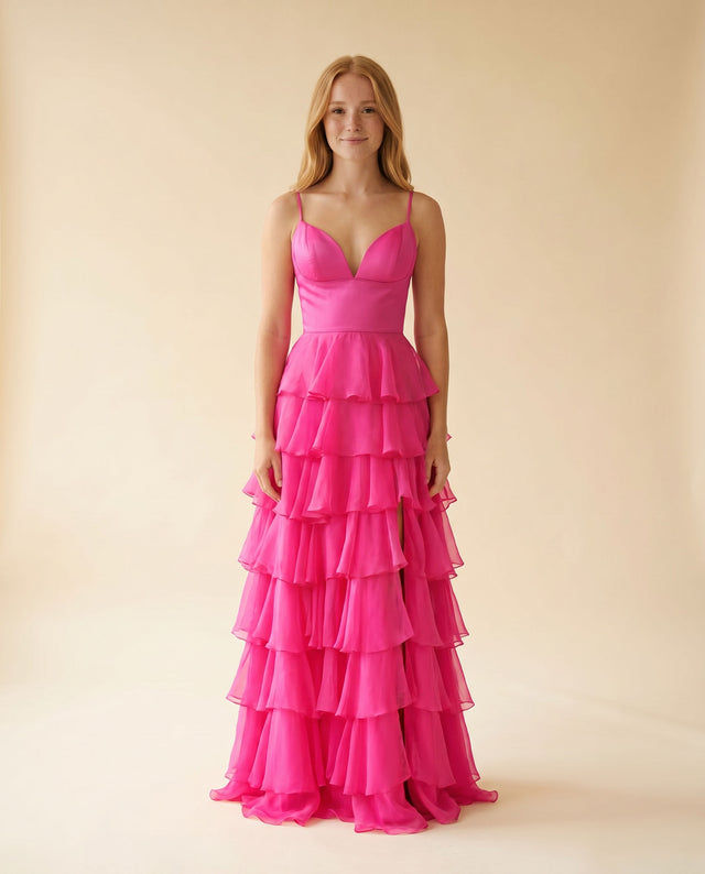 Robe De Chiffon À Volants Fushia