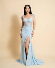 Robe A Corset Ajuste Bleu Pale