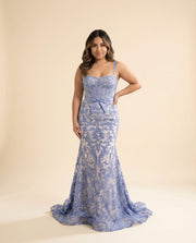 Robe Corset Avec Broderie Blanche et Bleu