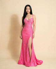 Robe Brillante Avec Fente Rose Flamboyant