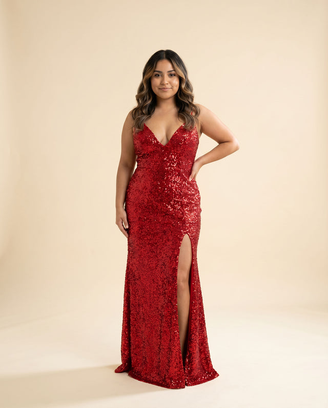 Robe À Paillettes Avec Fente Rouge