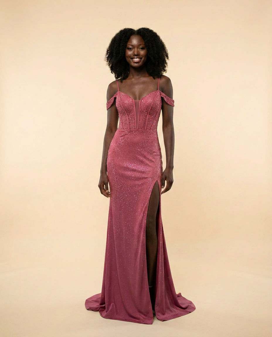 Robe Brillante Avec Fente Fushia