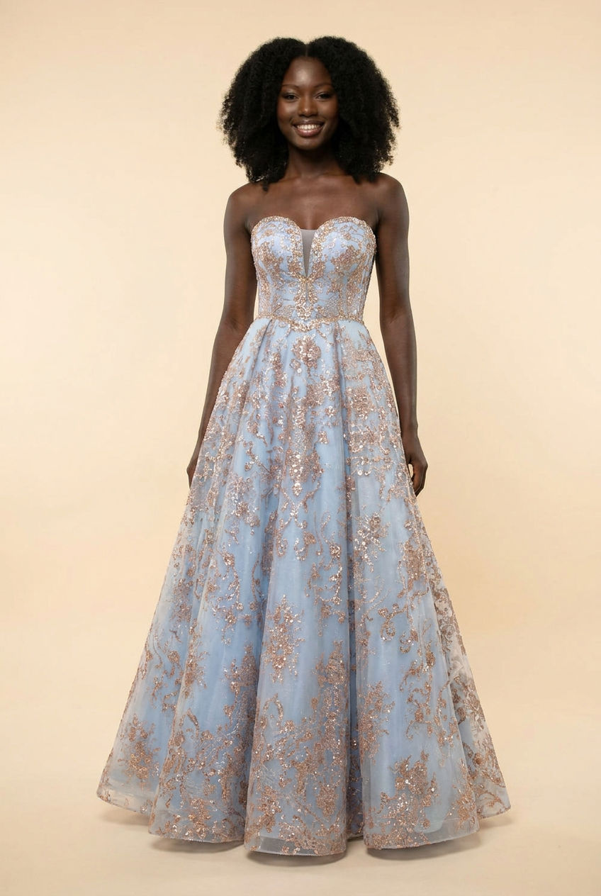 CL5101 Robe Bleu Pâle et Or