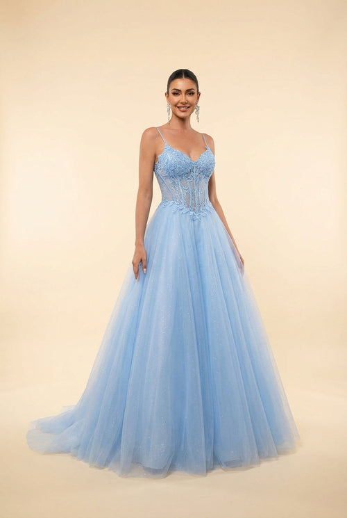 Robe de bal bleu ciel à bustier corset transparent avec dentelle florale et ample jupe de tulle pailleté, vue de face.