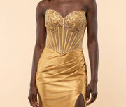 Robe Corset En Satin Marine et Or
