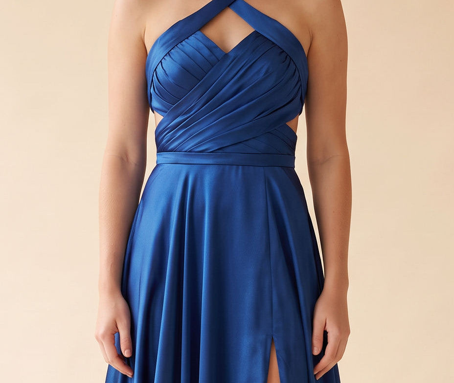 Robe Brillante Avec Fente Bleu