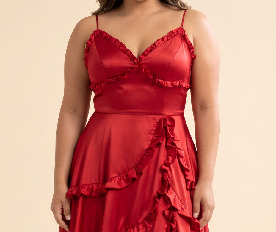 Robe En Satin À Volant Rouge